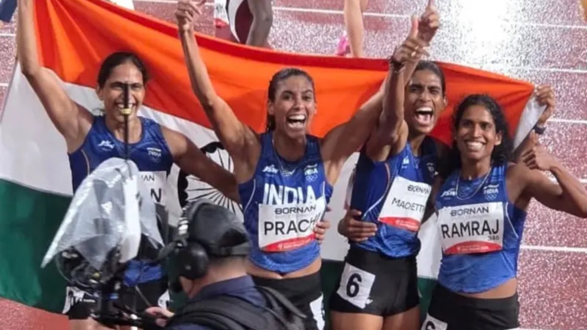 India women's 4x400m relay team celebrating gold at the Asian Games 2026 in Aichi-Nagoya