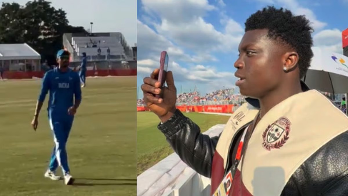 Nigerian influencer Agu Stanley calling out to Indian cricketer Axar Patel during the India vs Pakistan Asian Games 2026 match