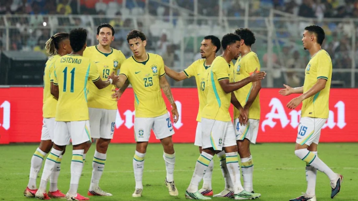 Brazil's Estevao celebrating after scoring against India in the international friendly in Kolkata