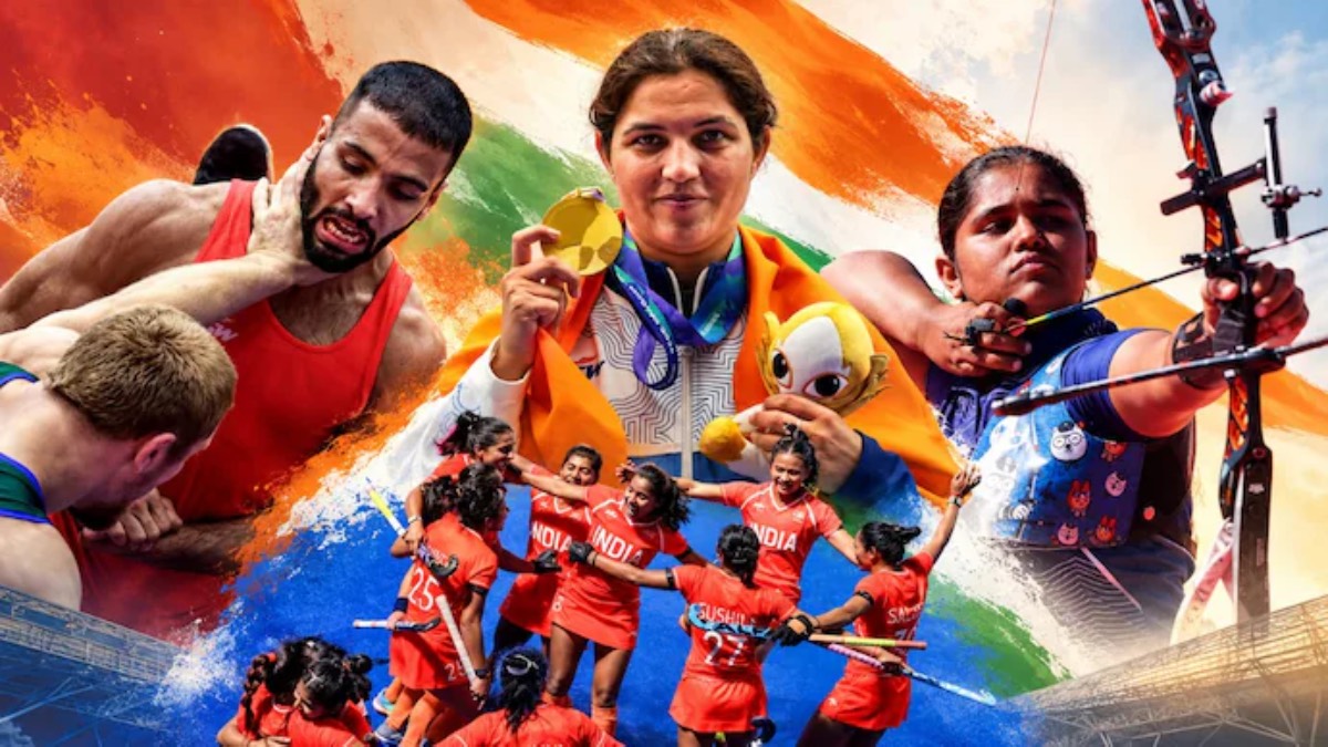 Indian men's hockey team celebrating gold after beating Malaysia 5-1 in the Asian Games 2026 final