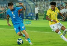 Brazil players celebrating a goal against India in the international friendly at Salt Lake Stadium, Kolkata