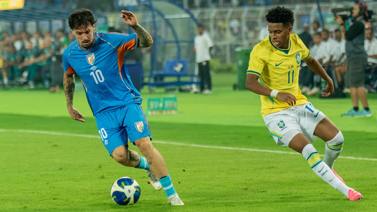 Brazil players celebrating a goal against India in the international friendly at Salt Lake Stadium, Kolkata