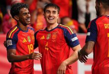 Spain's Lamine Yamal celebrating after scoring against the Czech Republic in the UEFA Nations League match in Oviedo