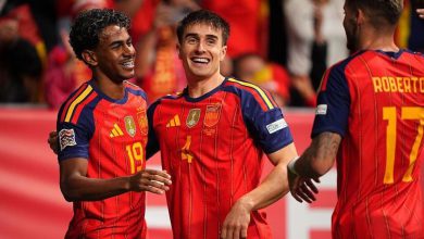 Spain's Lamine Yamal celebrating after scoring against the Czech Republic in the UEFA Nations League match in Oviedo