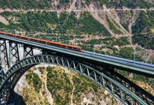 Vande Bharat Express crossing the Chenab railway bridge in Jammu and Kashmir at 100 kmph