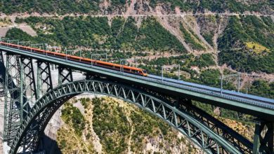 Vande Bharat Express crossing the Chenab railway bridge in Jammu and Kashmir at 100 kmph