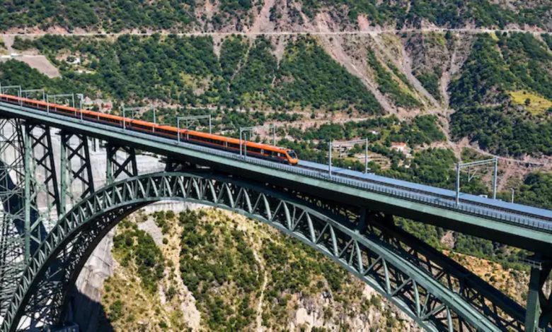 Vande Bharat Express crossing the Chenab railway bridge in Jammu and Kashmir at 100 kmph